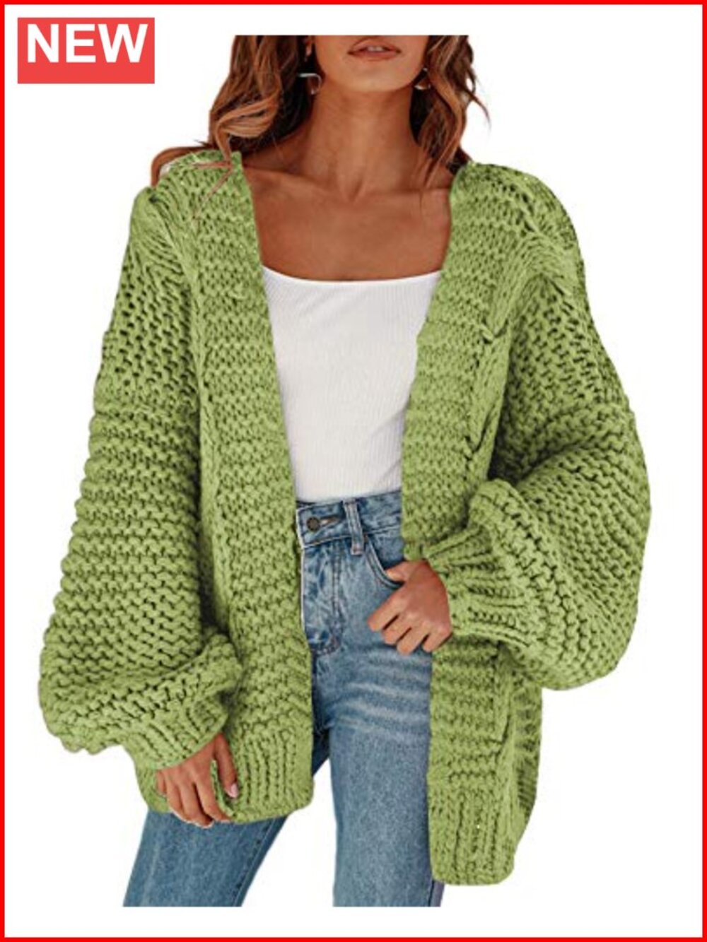 Women's Open Front Chunky Knit Cardigan Oversized Lantern Sleeve Loose Sweater